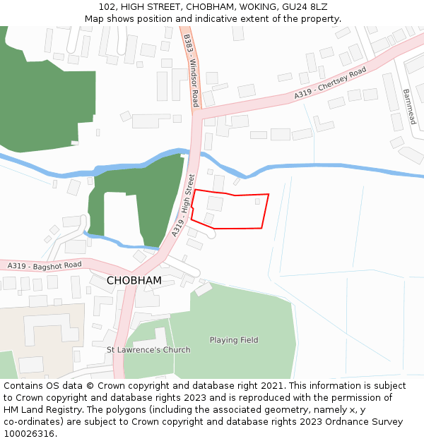 102, HIGH STREET, CHOBHAM, WOKING, GU24 8LZ: Location map and indicative extent of plot