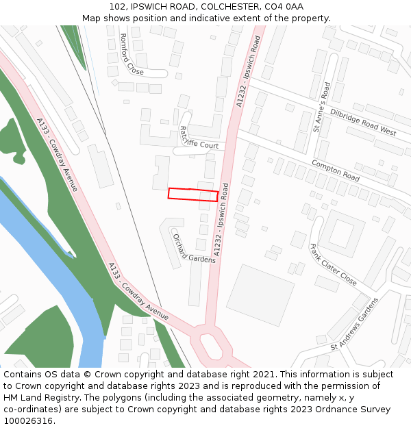 102, IPSWICH ROAD, COLCHESTER, CO4 0AA: Location map and indicative extent of plot