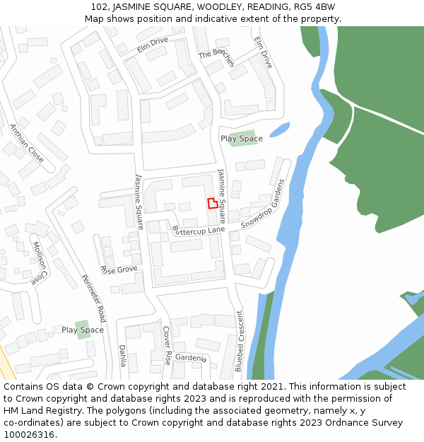 102, JASMINE SQUARE, WOODLEY, READING, RG5 4BW: Location map and indicative extent of plot