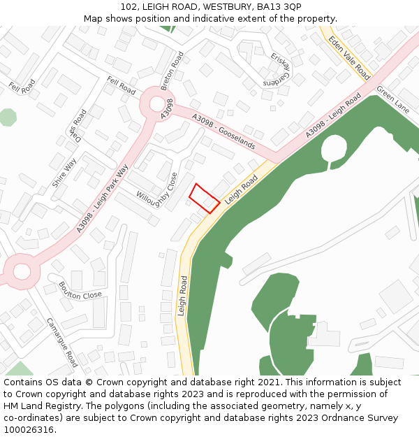 102, LEIGH ROAD, WESTBURY, BA13 3QP: Location map and indicative extent of plot