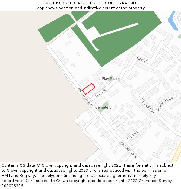 102, LINCROFT, CRANFIELD, BEDFORD, MK43 0HT: Location map and indicative extent of plot