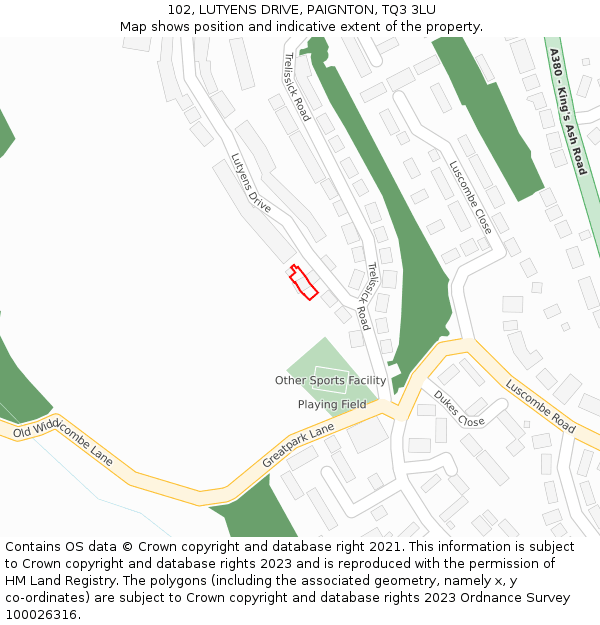 102, LUTYENS DRIVE, PAIGNTON, TQ3 3LU: Location map and indicative extent of plot