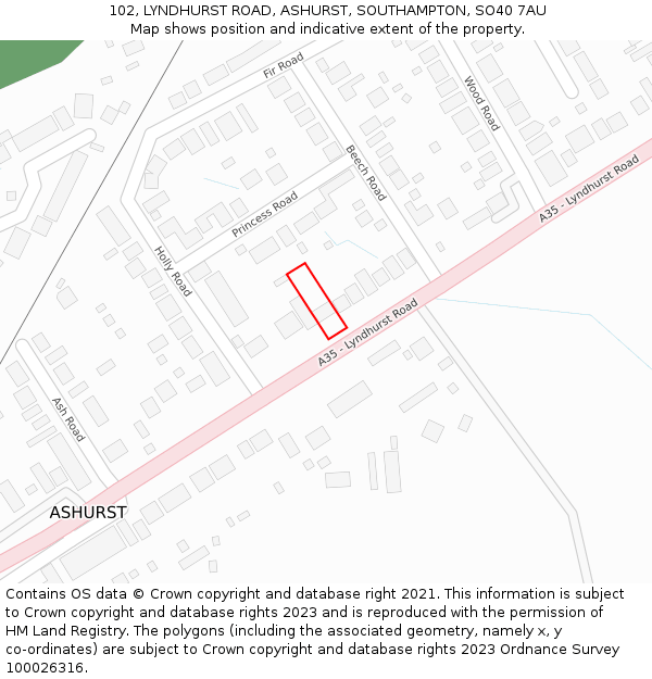 102, LYNDHURST ROAD, ASHURST, SOUTHAMPTON, SO40 7AU: Location map and indicative extent of plot