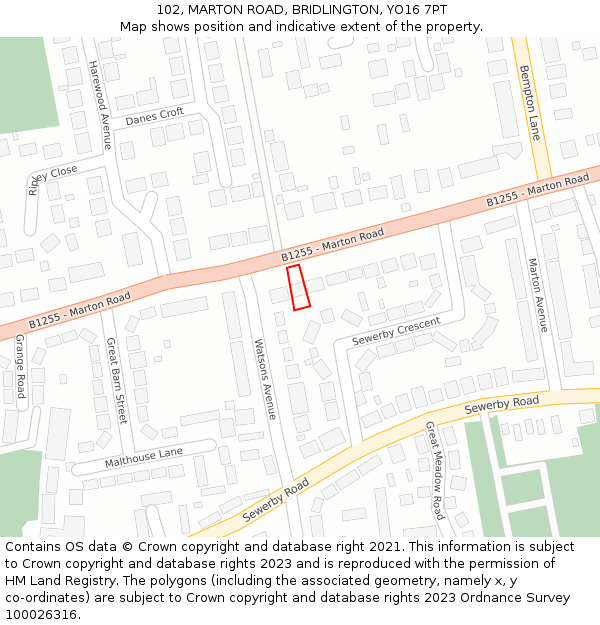 102, MARTON ROAD, BRIDLINGTON, YO16 7PT: Location map and indicative extent of plot