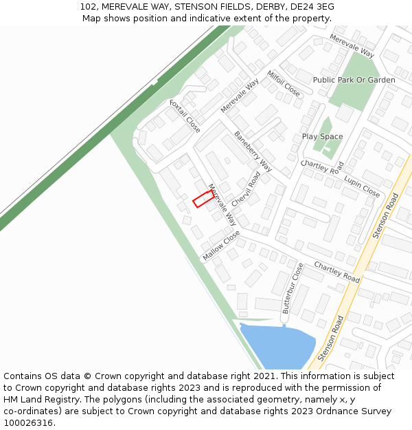 102, MEREVALE WAY, STENSON FIELDS, DERBY, DE24 3EG: Location map and indicative extent of plot
