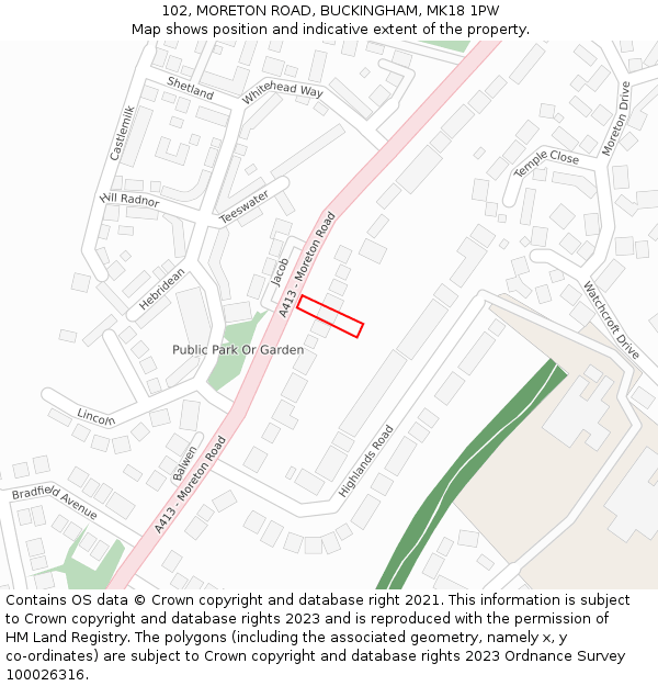 102, MORETON ROAD, BUCKINGHAM, MK18 1PW: Location map and indicative extent of plot