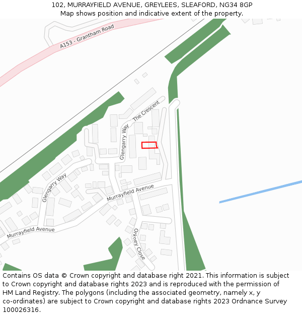 102, MURRAYFIELD AVENUE, GREYLEES, SLEAFORD, NG34 8GP: Location map and indicative extent of plot