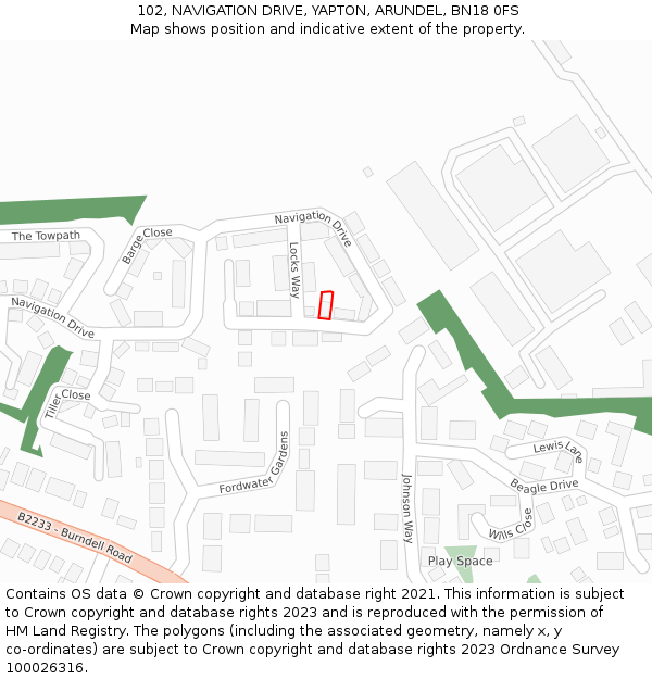 102, NAVIGATION DRIVE, YAPTON, ARUNDEL, BN18 0FS: Location map and indicative extent of plot