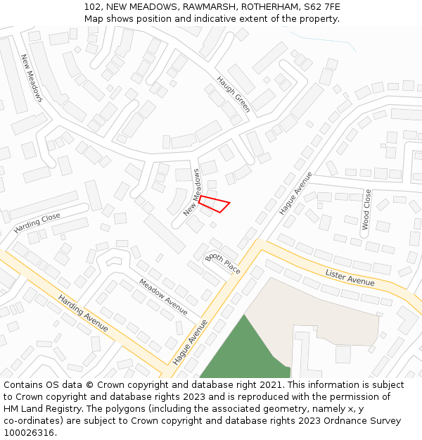 102, NEW MEADOWS, RAWMARSH, ROTHERHAM, S62 7FE: Location map and indicative extent of plot