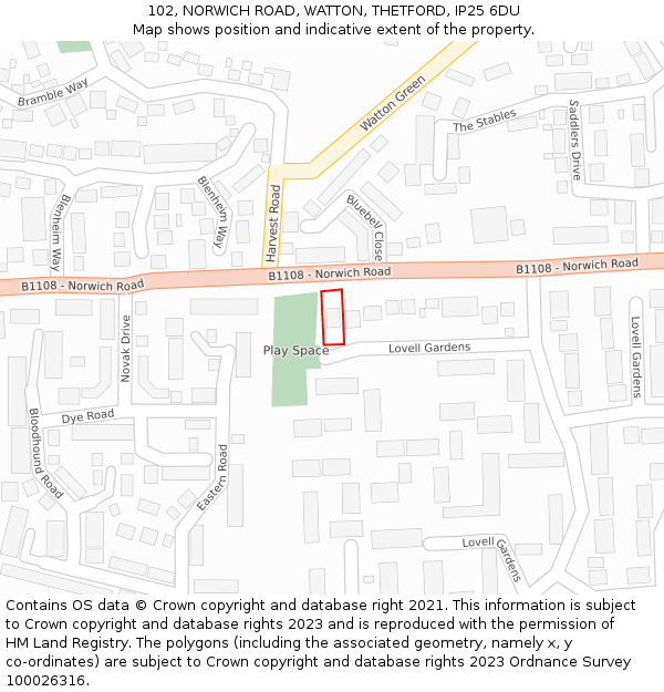 102, NORWICH ROAD, WATTON, THETFORD, IP25 6DU: Location map and indicative extent of plot