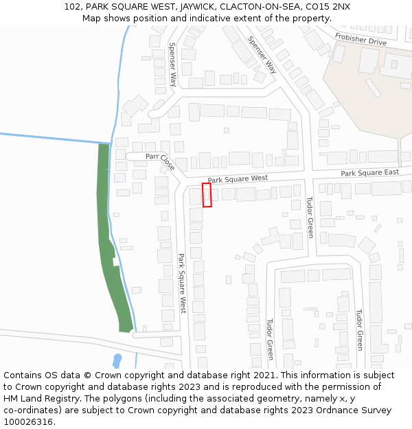 102, PARK SQUARE WEST, JAYWICK, CLACTON-ON-SEA, CO15 2NX: Location map and indicative extent of plot