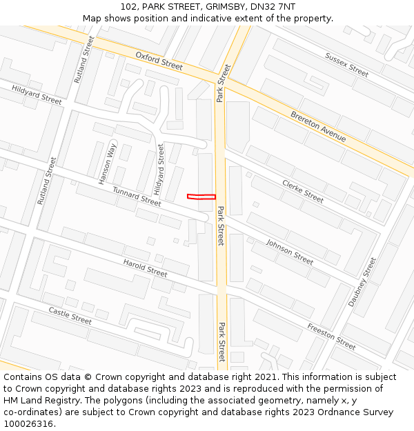 102, PARK STREET, GRIMSBY, DN32 7NT: Location map and indicative extent of plot