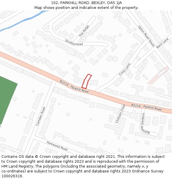 102, PARKHILL ROAD, BEXLEY, DA5 1JA: Location map and indicative extent of plot