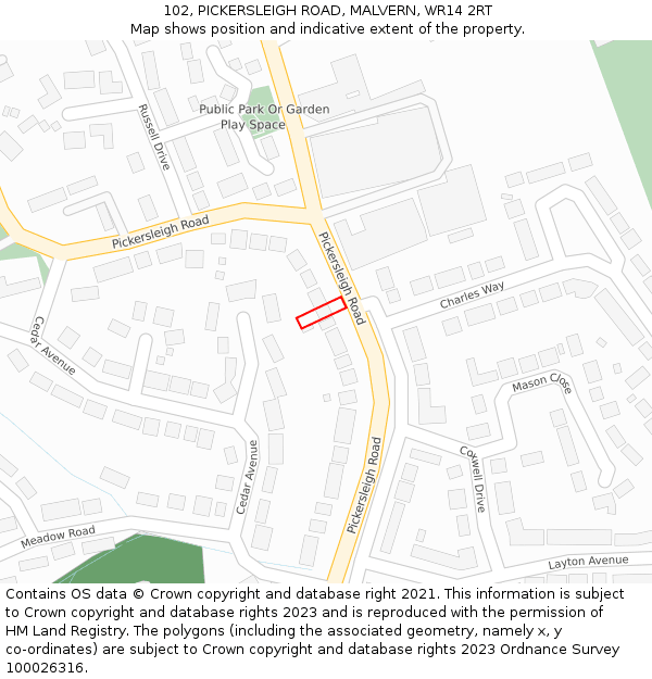 102, PICKERSLEIGH ROAD, MALVERN, WR14 2RT: Location map and indicative extent of plot