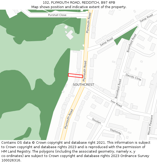 102, PLYMOUTH ROAD, REDDITCH, B97 4PB: Location map and indicative extent of plot