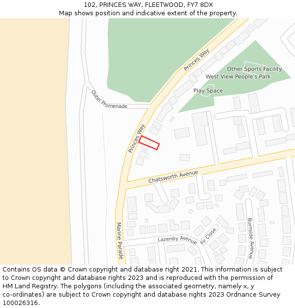 102, PRINCES WAY, FLEETWOOD, FY7 8DX: Location map and indicative extent of plot