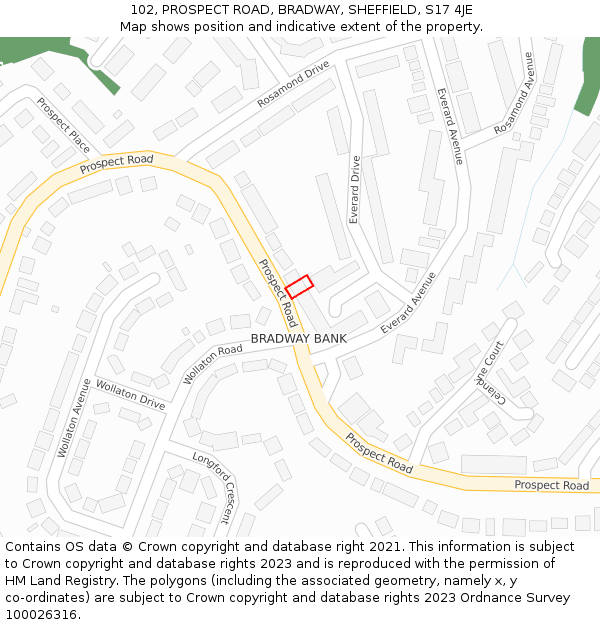 102, PROSPECT ROAD, BRADWAY, SHEFFIELD, S17 4JE: Location map and indicative extent of plot