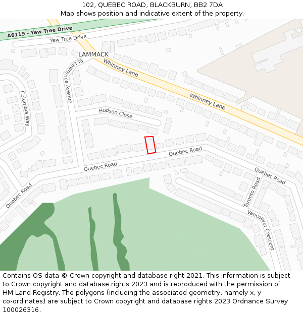 102, QUEBEC ROAD, BLACKBURN, BB2 7DA: Location map and indicative extent of plot