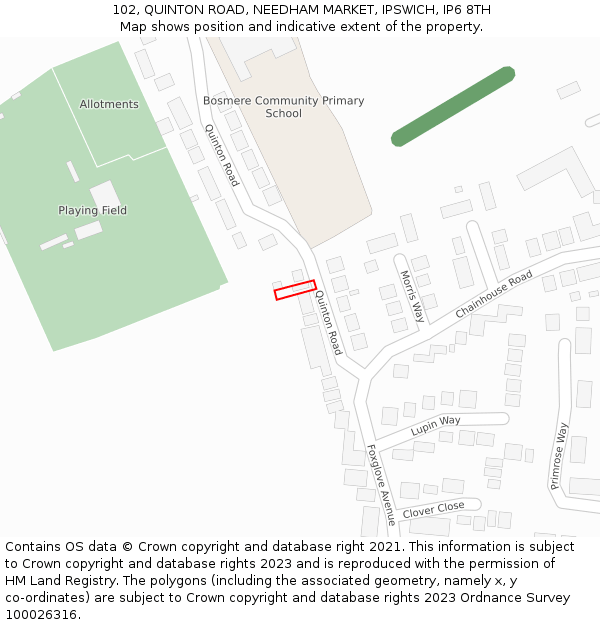 102, QUINTON ROAD, NEEDHAM MARKET, IPSWICH, IP6 8TH: Location map and indicative extent of plot