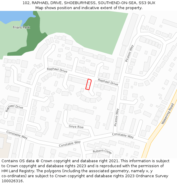 102, RAPHAEL DRIVE, SHOEBURYNESS, SOUTHEND-ON-SEA, SS3 9UX: Location map and indicative extent of plot