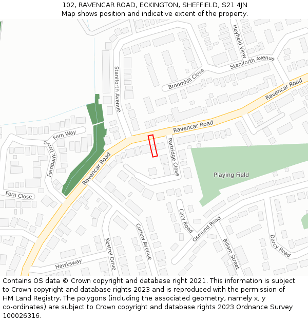 102, RAVENCAR ROAD, ECKINGTON, SHEFFIELD, S21 4JN: Location map and indicative extent of plot