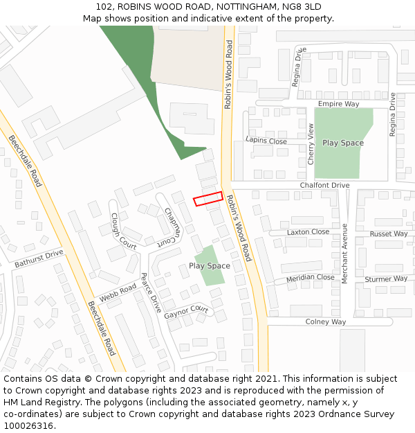 102, ROBINS WOOD ROAD, NOTTINGHAM, NG8 3LD: Location map and indicative extent of plot
