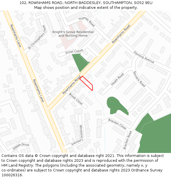 102, ROWNHAMS ROAD, NORTH BADDESLEY, SOUTHAMPTON, SO52 9EU: Location map and indicative extent of plot