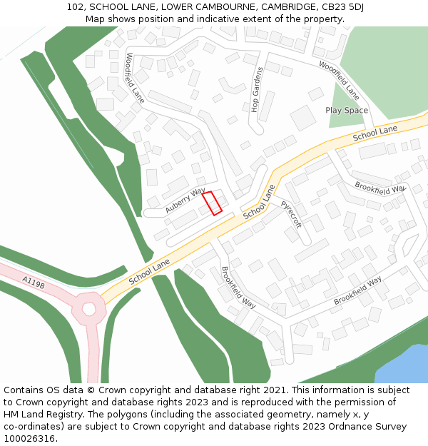 102, SCHOOL LANE, LOWER CAMBOURNE, CAMBRIDGE, CB23 5DJ: Location map and indicative extent of plot