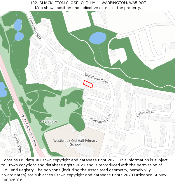 102, SHACKLETON CLOSE, OLD HALL, WARRINGTON, WA5 9QE: Location map and indicative extent of plot