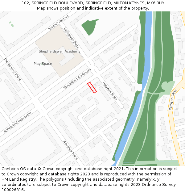 102, SPRINGFIELD BOULEVARD, SPRINGFIELD, MILTON KEYNES, MK6 3HY: Location map and indicative extent of plot