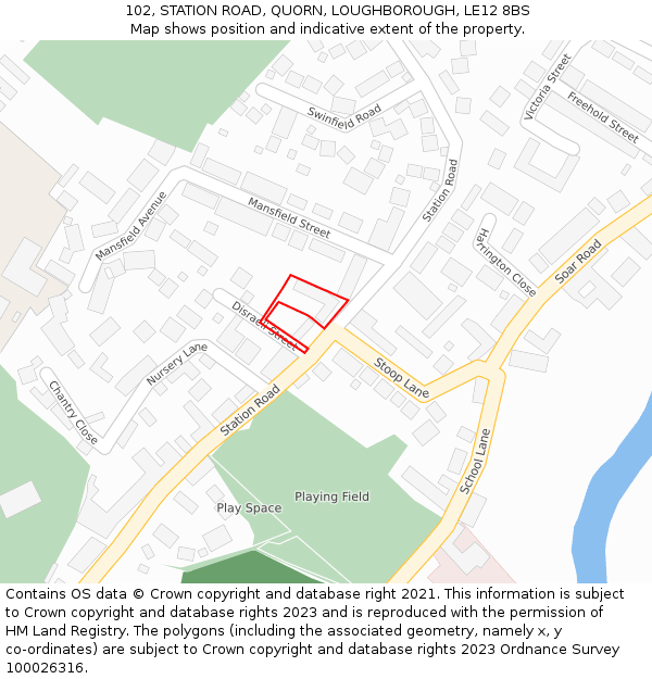 102, STATION ROAD, QUORN, LOUGHBOROUGH, LE12 8BS: Location map and indicative extent of plot