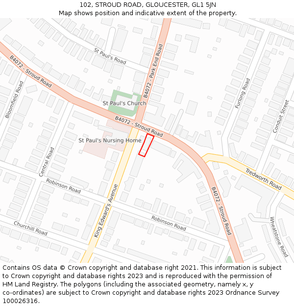 102, STROUD ROAD, GLOUCESTER, GL1 5JN: Location map and indicative extent of plot