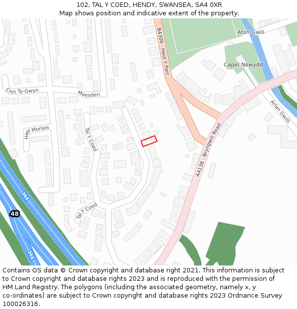 102, TAL Y COED, HENDY, SWANSEA, SA4 0XR: Location map and indicative extent of plot