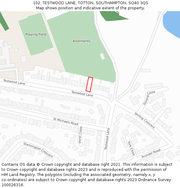 102, TESTWOOD LANE, TOTTON, SOUTHAMPTON, SO40 3QS: Location map and indicative extent of plot