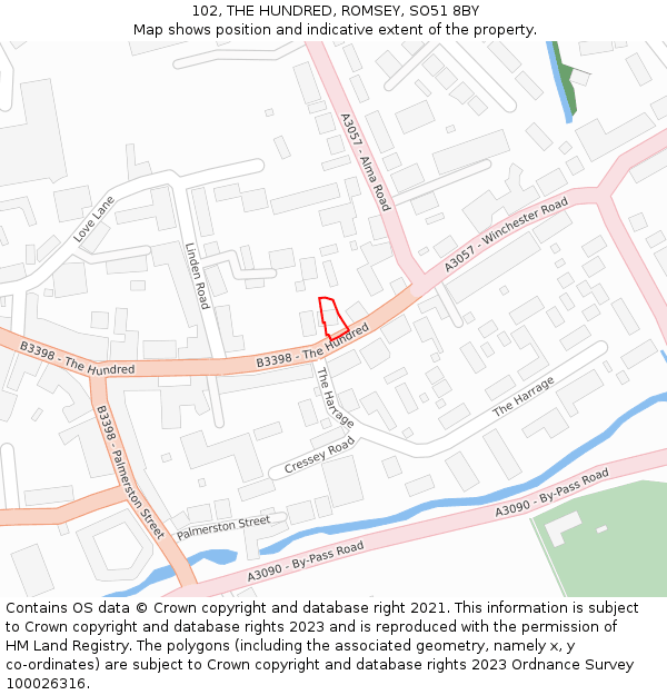 102, THE HUNDRED, ROMSEY, SO51 8BY: Location map and indicative extent of plot