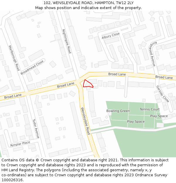 102, WENSLEYDALE ROAD, HAMPTON, TW12 2LY: Location map and indicative extent of plot