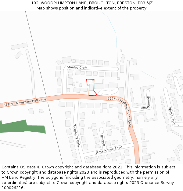 102, WOODPLUMPTON LANE, BROUGHTON, PRESTON, PR3 5JZ: Location map and indicative extent of plot