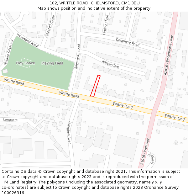 102, WRITTLE ROAD, CHELMSFORD, CM1 3BU: Location map and indicative extent of plot