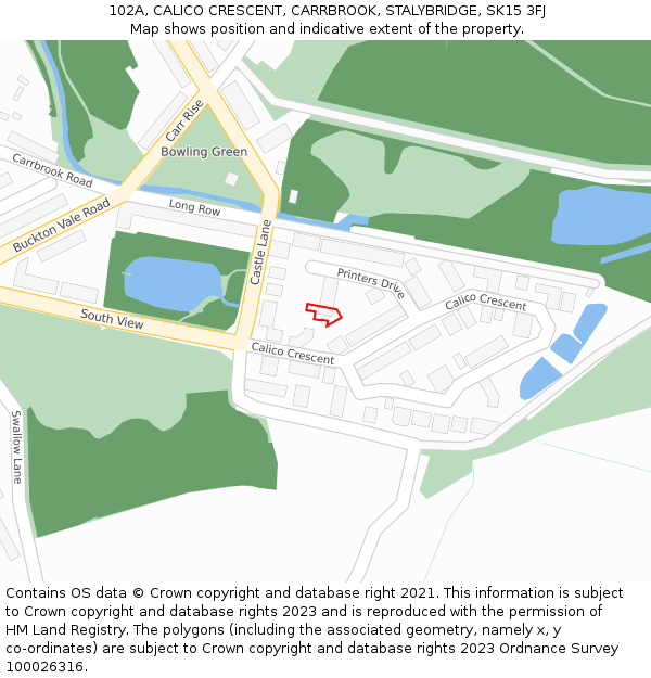 102A, CALICO CRESCENT, CARRBROOK, STALYBRIDGE, SK15 3FJ: Location map and indicative extent of plot