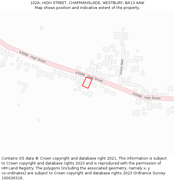 102A, HIGH STREET, CHAPMANSLADE, WESTBURY, BA13 4AW: Location map and indicative extent of plot