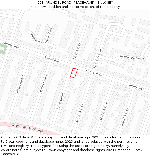 103, ARUNDEL ROAD, PEACEHAVEN, BN10 8EY: Location map and indicative extent of plot