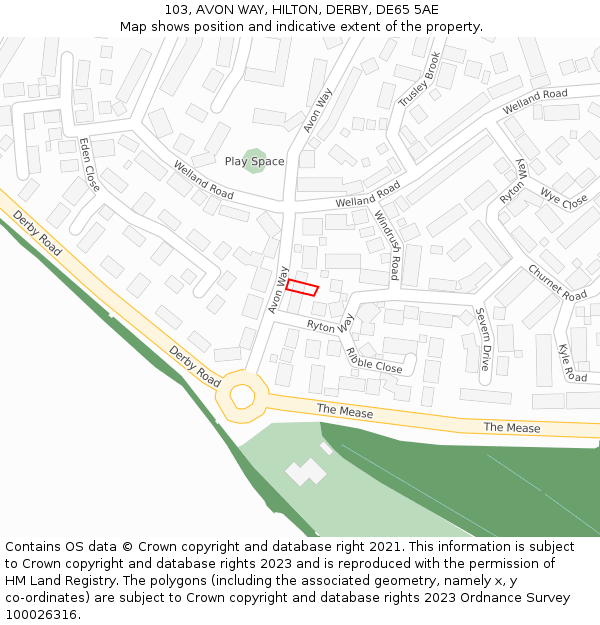 103, AVON WAY, HILTON, DERBY, DE65 5AE: Location map and indicative extent of plot