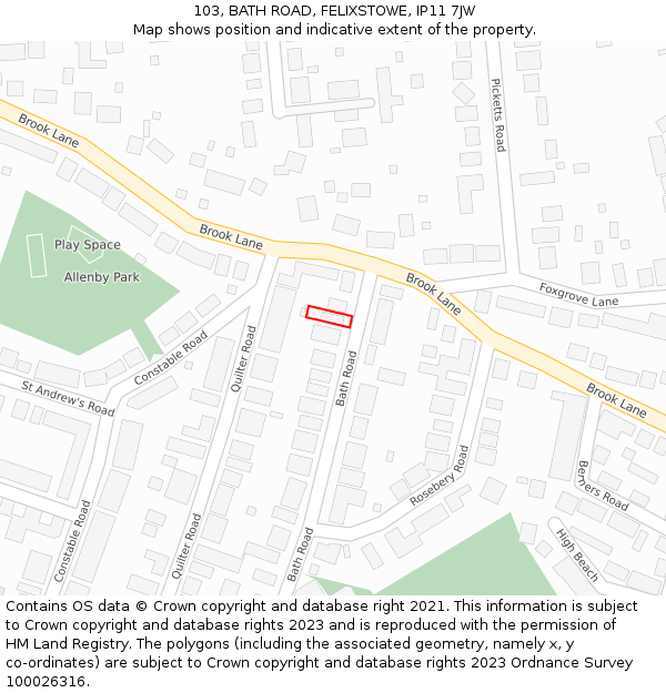 103, BATH ROAD, FELIXSTOWE, IP11 7JW: Location map and indicative extent of plot