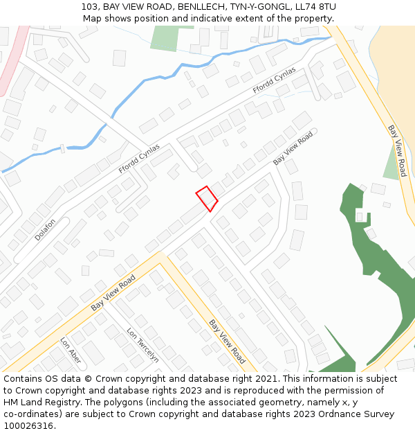 103, BAY VIEW ROAD, BENLLECH, TYN-Y-GONGL, LL74 8TU: Location map and indicative extent of plot
