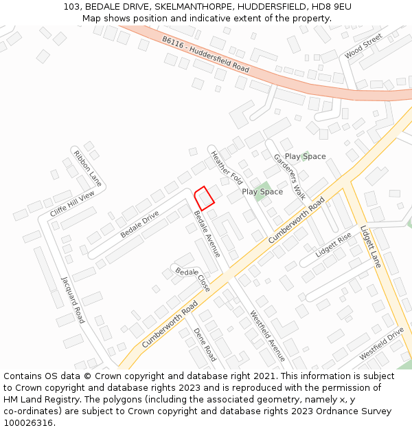 103, BEDALE DRIVE, SKELMANTHORPE, HUDDERSFIELD, HD8 9EU: Location map and indicative extent of plot