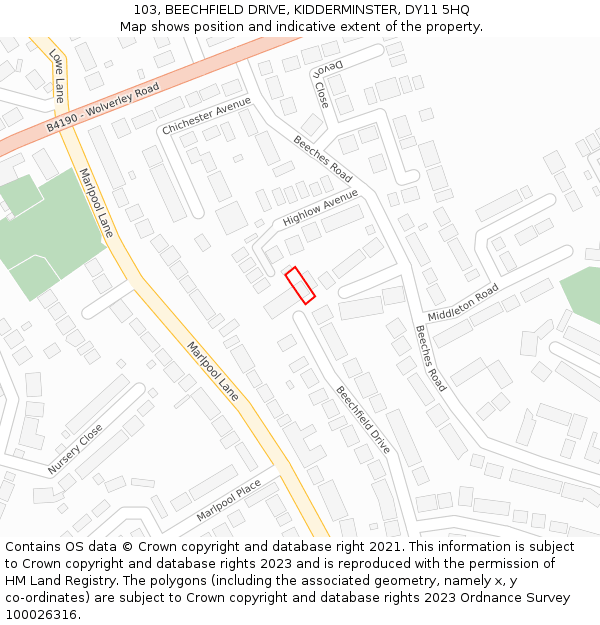 103, BEECHFIELD DRIVE, KIDDERMINSTER, DY11 5HQ: Location map and indicative extent of plot