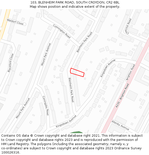 103, BLENHEIM PARK ROAD, SOUTH CROYDON, CR2 6BL: Location map and indicative extent of plot