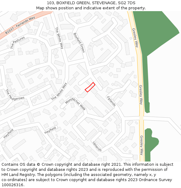 103, BOXFIELD GREEN, STEVENAGE, SG2 7DS: Location map and indicative extent of plot