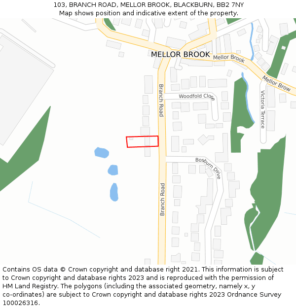 103, BRANCH ROAD, MELLOR BROOK, BLACKBURN, BB2 7NY: Location map and indicative extent of plot