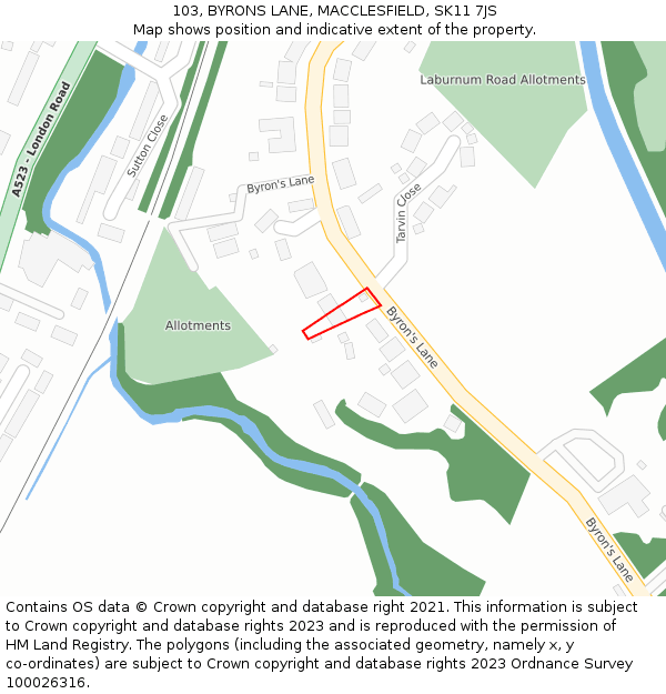 103, BYRONS LANE, MACCLESFIELD, SK11 7JS: Location map and indicative extent of plot